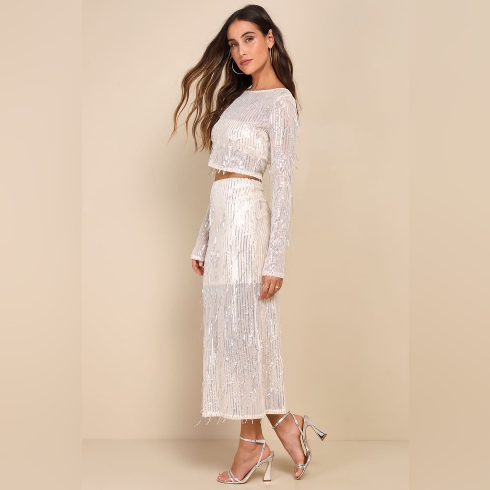 Lulus XL Greatest Sparkle Beige Mesh Sequin Fringe Two-Piece Midi Dress